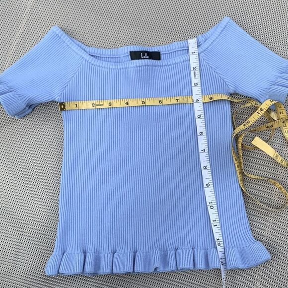 LULUS ribbed knit off the shoulder cropped top ruffled hemline periwinkle blue - Picture 6 of 8